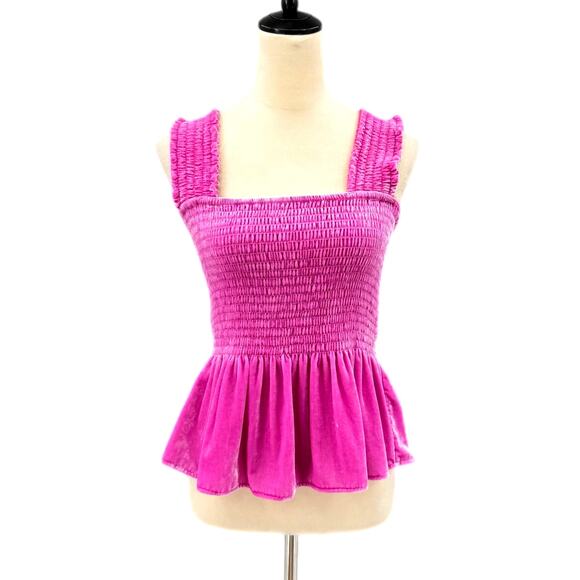 Anthropologie Tops - Anthropologie Bright Pink Velvet Peplum Smocked Ruffle Sleeve Tank Top Blouse